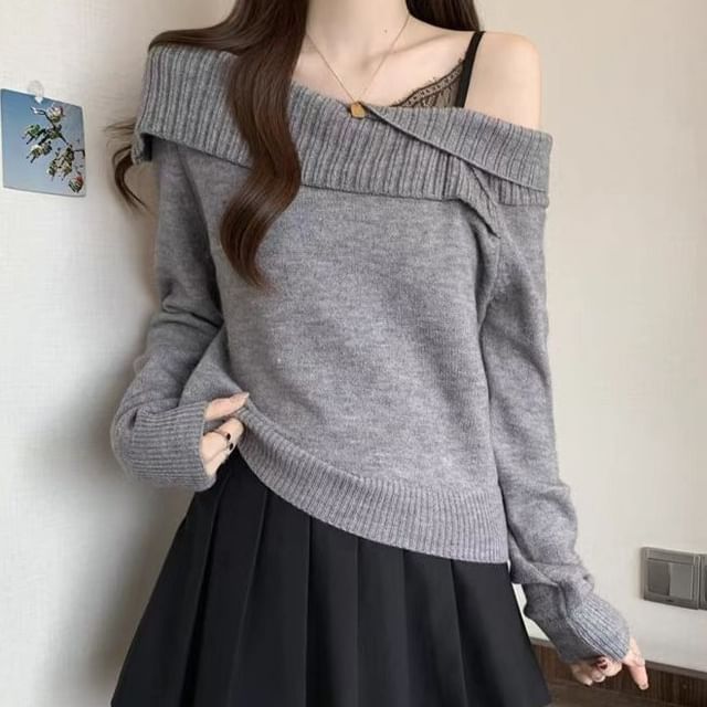 One-Shoulder Sweater Plain Style