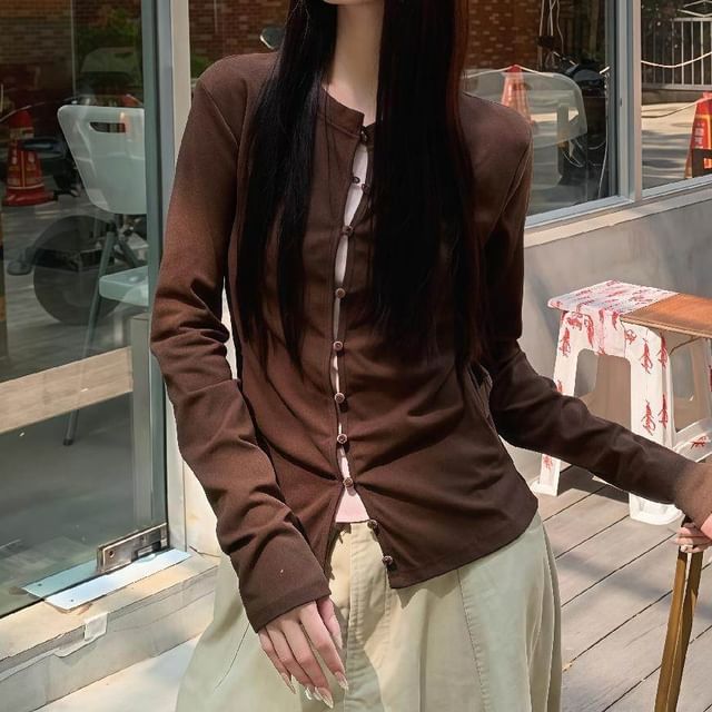 Button-Up Long Sleeve Top with Mock Two-Piece Style