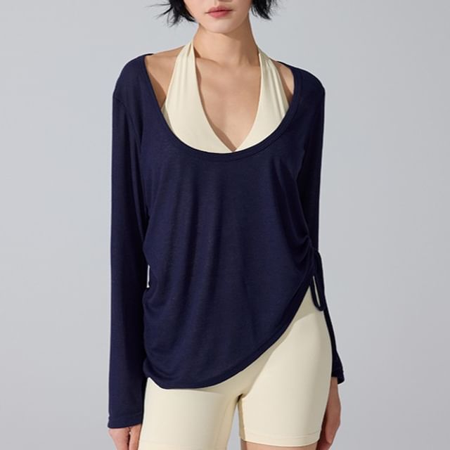Sheer Drawstring Asymmetrical Scoop Neck Tee