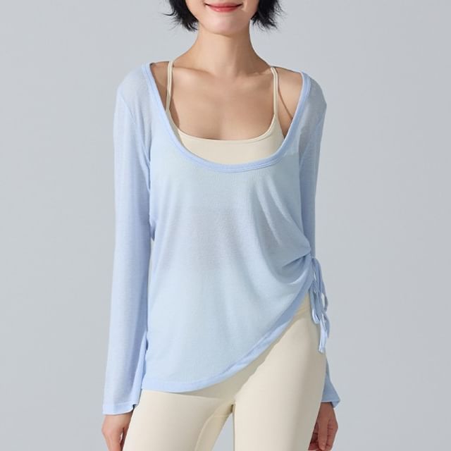 Sheer Drawstring Asymmetrical Scoop Neck Tee