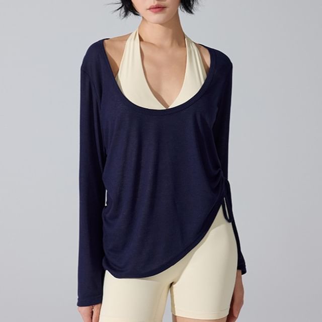 Sheer Drawstring Asymmetrical Scoop Neck Tee