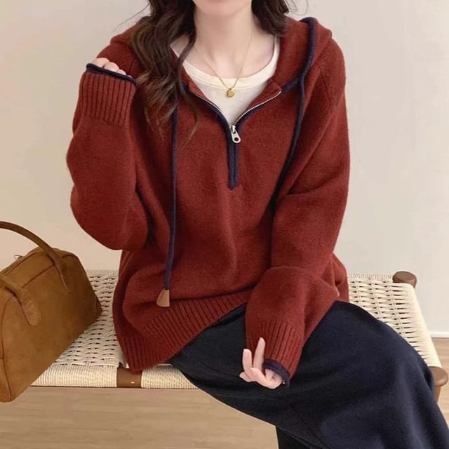 Half-Zip Contrast Trim Knit Hoodie