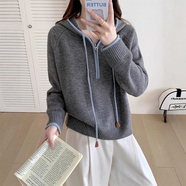Half-Zip Contrast Trim Knit Hoodie