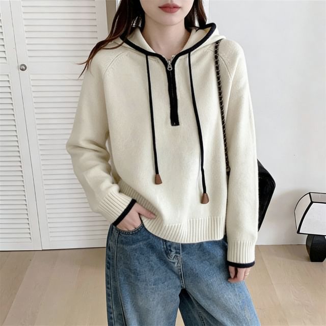 Half-Zip Contrast Trim Knit Hoodie