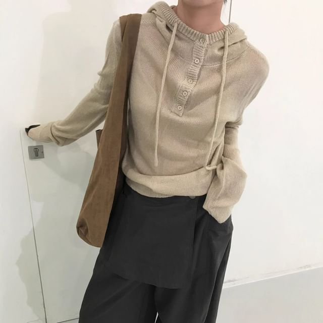 Hooded Henley Sweater Plain Style