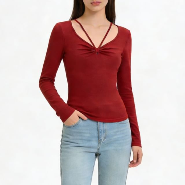 Ruched V-Neck Long Sleeve T-Shirt