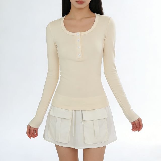Henley Round Neck T-Shirt Long Sleeve