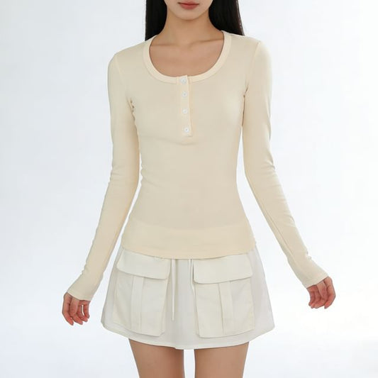 Henley Round Neck T-Shirt Long Sleeve