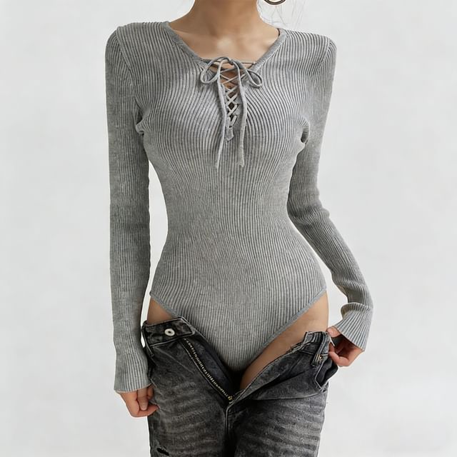 Ribbed Knit Bodysuit Top Long Sleeve V-Neck