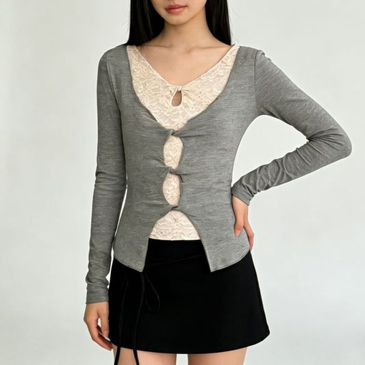 Two-Tone Mock Neck Long Sleeve Top