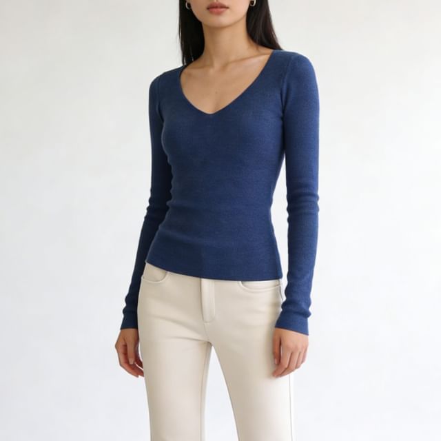 Plain Knit Long Sleeve V-Neck Top