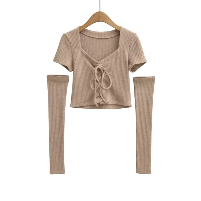 Ribbed Lace-Up Crop Top with Arm Sleeves Set