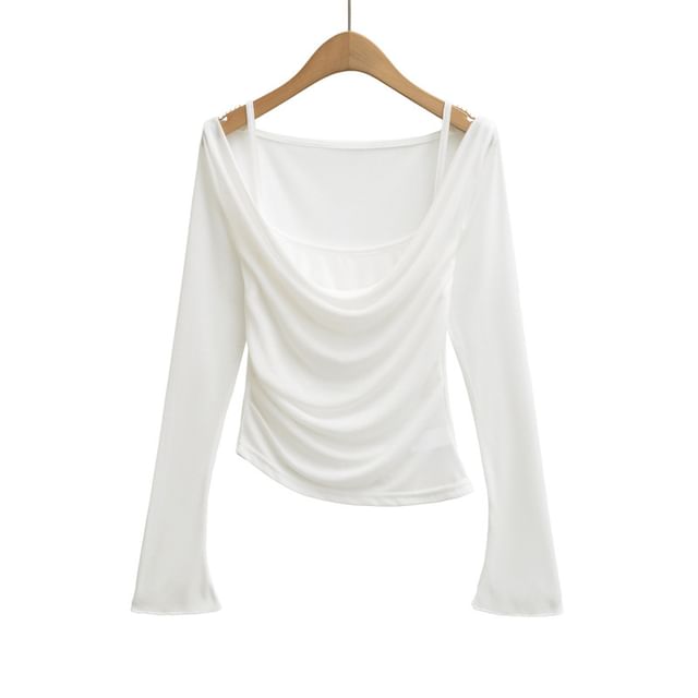 Cowl Neck Ruched Crop Tee Long Sleeve