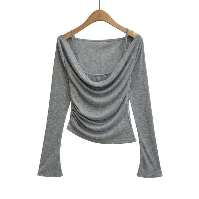 Cowl Neck Ruched Crop Tee Long Sleeve