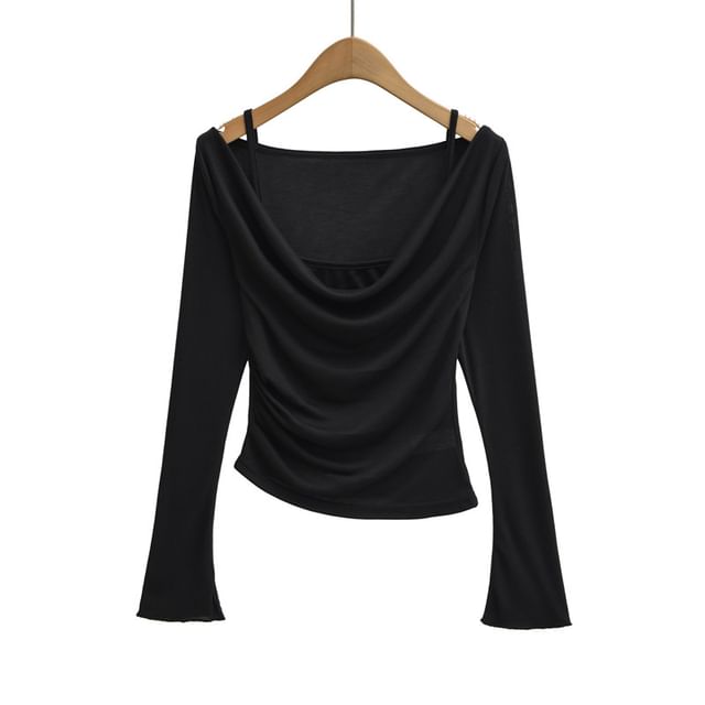Cowl Neck Ruched Crop Tee Long Sleeve