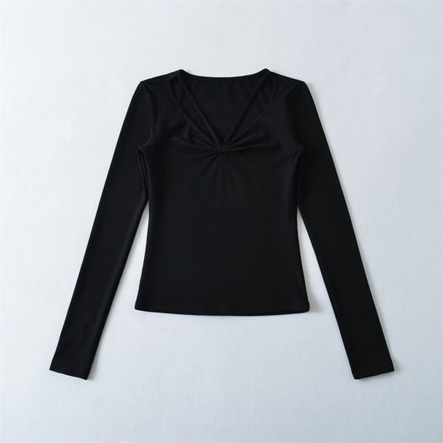 Ruched V-Neck Long Sleeve T-Shirt