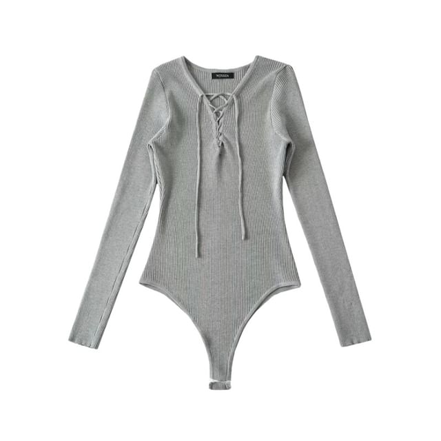 Ribbed Knit Bodysuit Top Long Sleeve V-Neck
