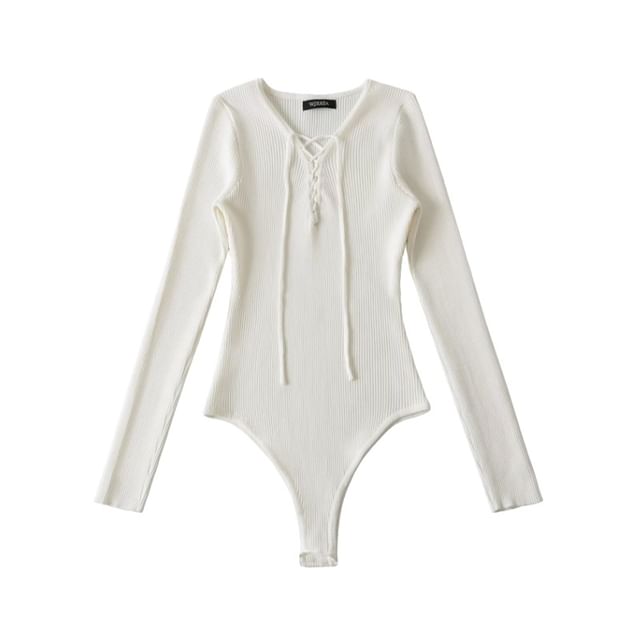 Ribbed Knit Bodysuit Top Long Sleeve V-Neck