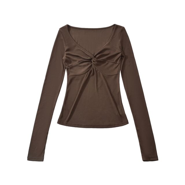 Twisted Ruched V-Neck Long Sleeve Tee
