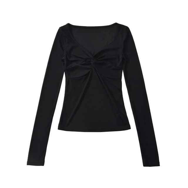 Twisted Ruched V-Neck Long Sleeve Tee