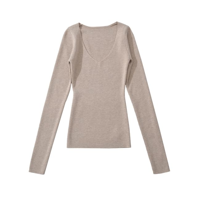 Plain Knit Long Sleeve V-Neck Top