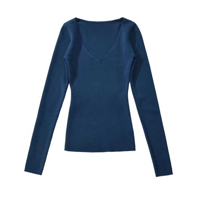 Plain Knit Long Sleeve V-Neck Top