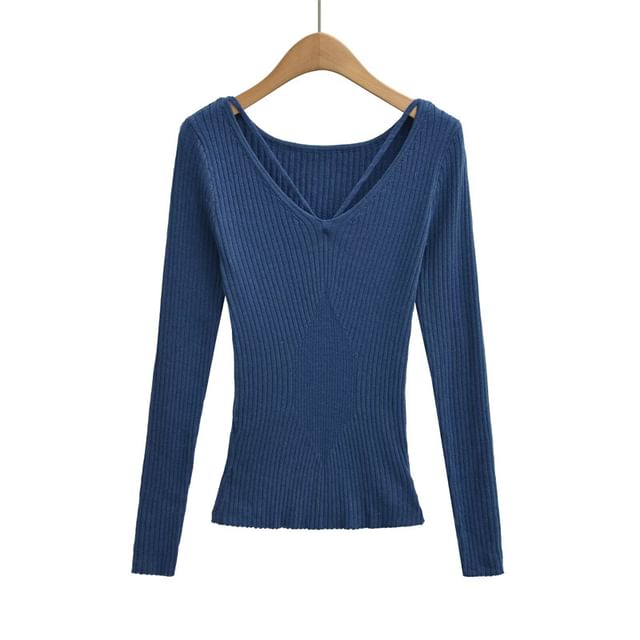 Ribbed Knit V-Neck Long Sleeve Tee