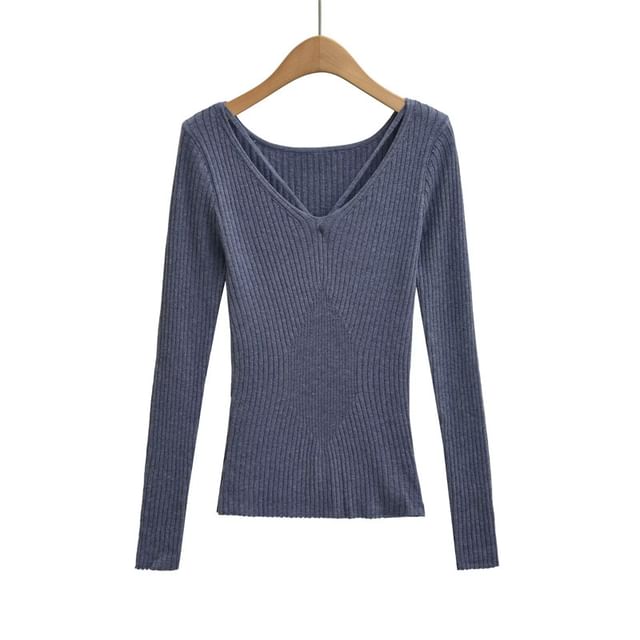 Ribbed Knit V-Neck Long Sleeve Tee