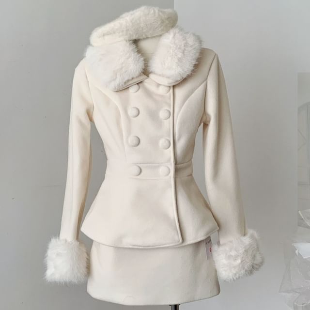 Set: Fluffy Collar Double-Breasted Jacket + High Waist Mini A-Line Skirt