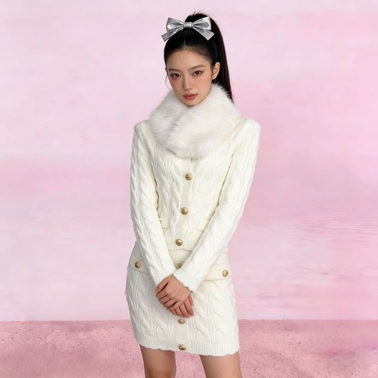 Set: Fluffy Collar V-Neck Button-Up Cardigan + High Waist Mini Knit Skirt