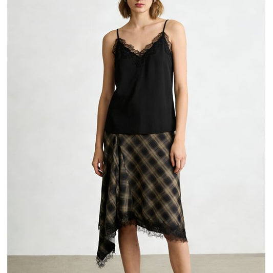 High Waist Plaid Lace-Trim Asymmetric Hem Midi Skirt