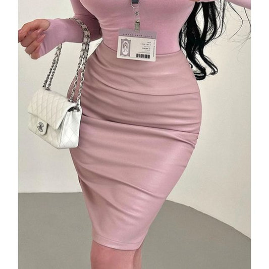 Faux Leather Ruched Mini Pencil Skirt with High Waist