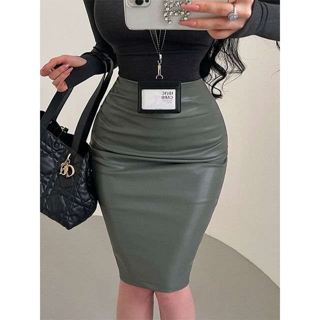 Faux Leather Ruched Mini Pencil Skirt with High Waist