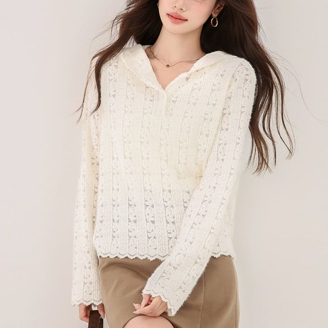 Henley Hood Lace Top Long Sleeve