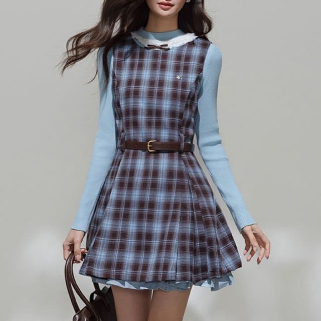 Mock Neck Knit Top or Plaid Bow Overall Dress