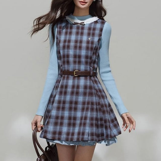 Mock Neck Knit Top or Plaid Bow Overall Dress