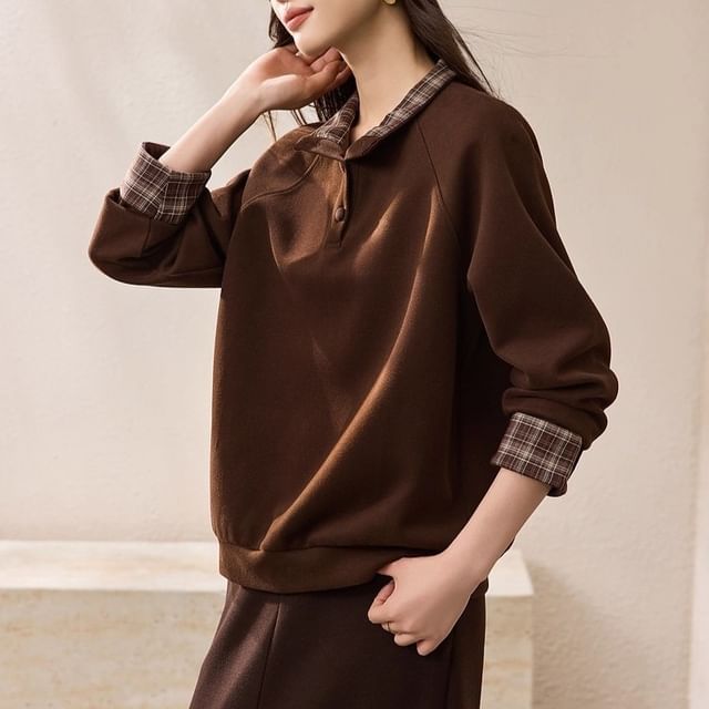 Stand Collar Plaid Panel Sweatshirt