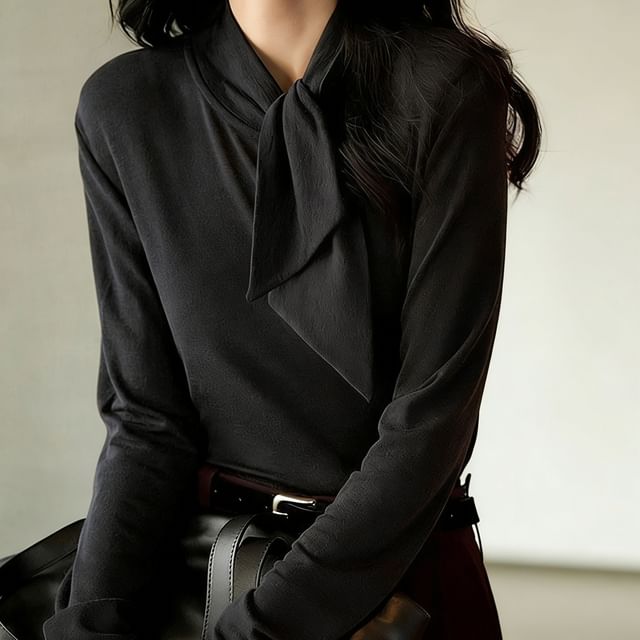 Tie-Neck Tee with Long Sleeves