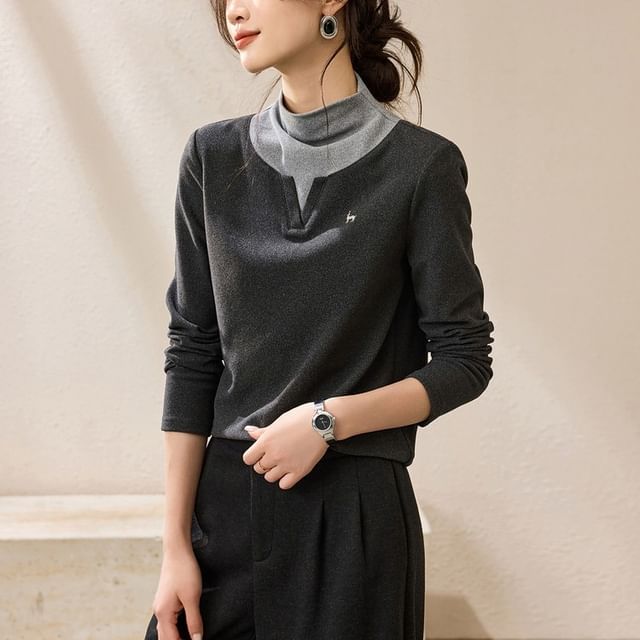 Two-Tone Mock Neck Long-Sleeve Tee