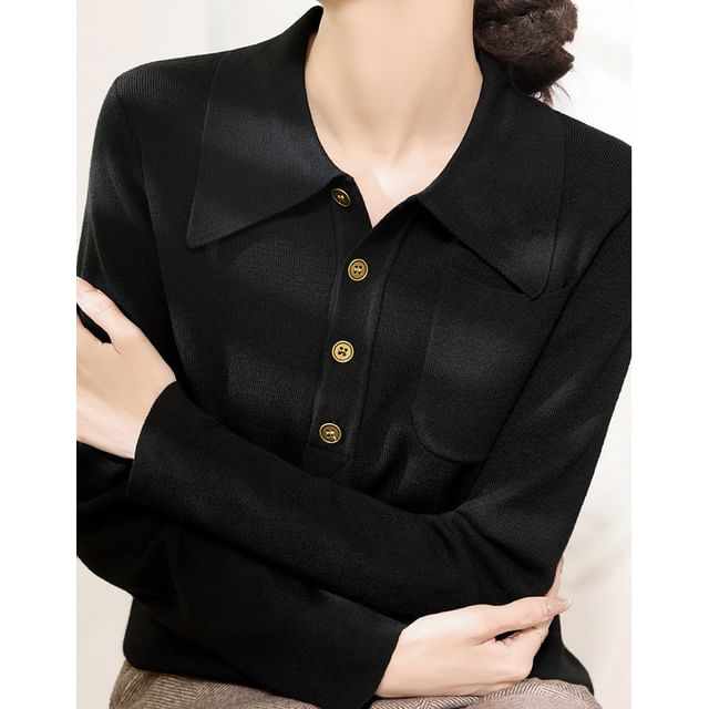 Plain Polo Knit Shirt with Long Sleeves
