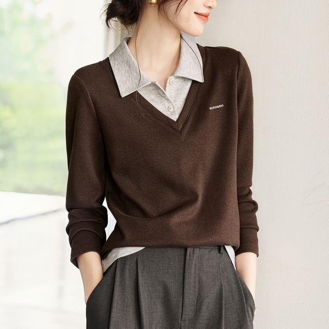 Two-Tone Collared Long-Sleeve Tee