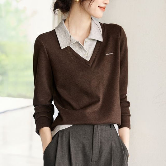 Two-Tone Collared Long-Sleeve Tee
