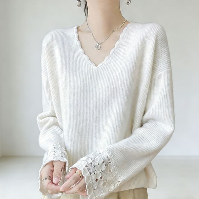 Crochet Panel V-Neck Sweater
