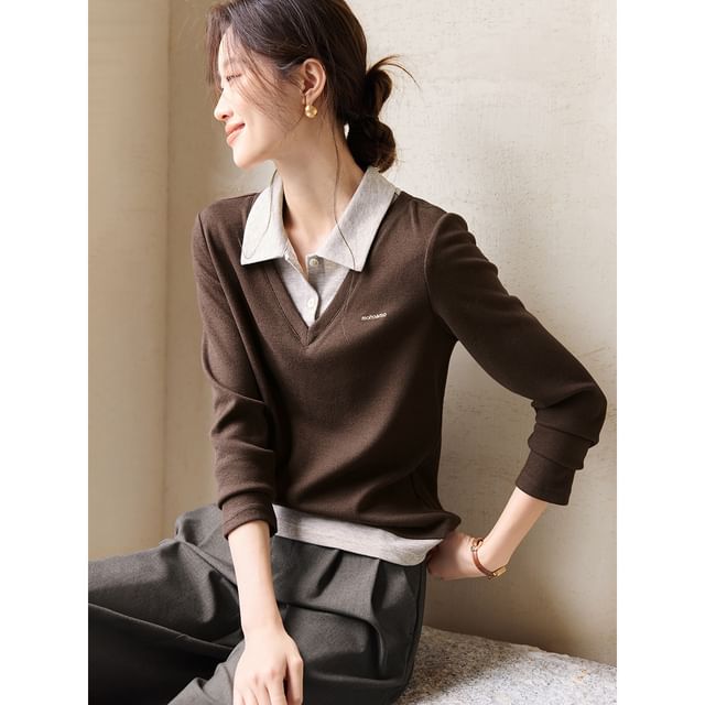 Two-Tone Collared Long-Sleeve Tee
