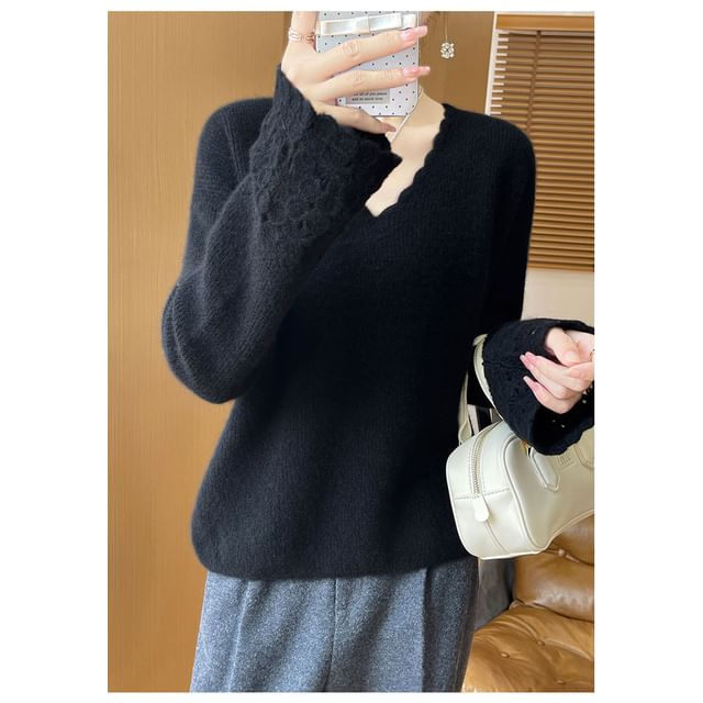 Crochet Panel V-Neck Sweater