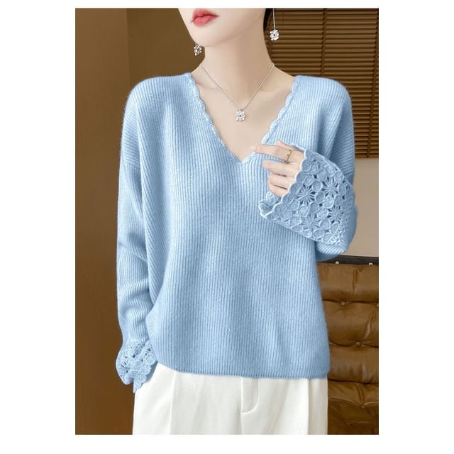 Crochet Panel V-Neck Sweater