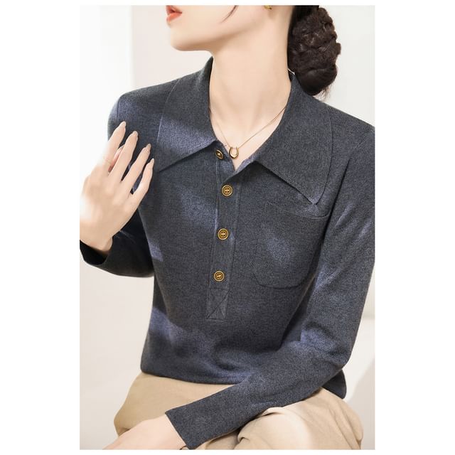 Plain Polo Knit Shirt with Long Sleeves