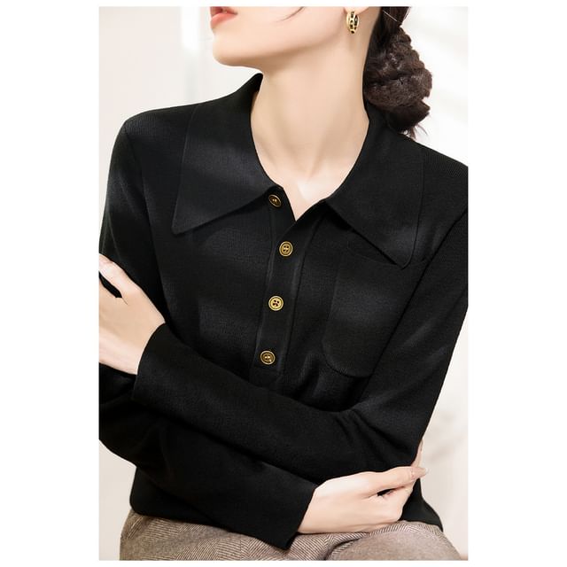 Plain Polo Knit Shirt with Long Sleeves