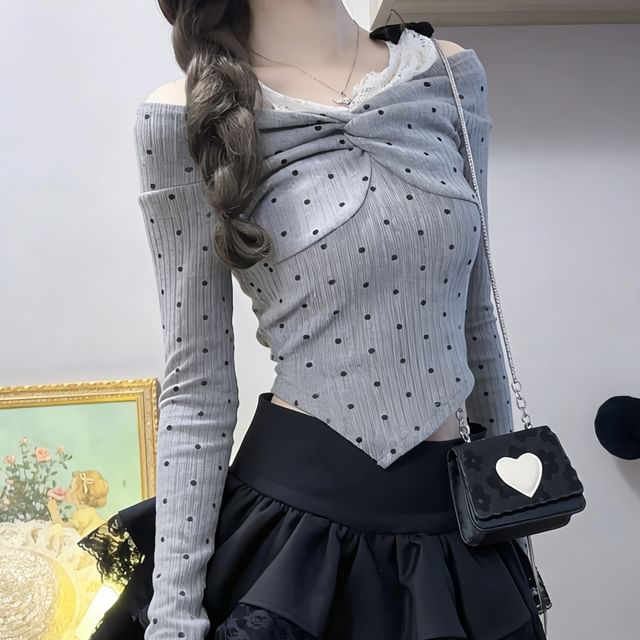 Polka Dot Lace Panel Crop Top with Cold Shoulder