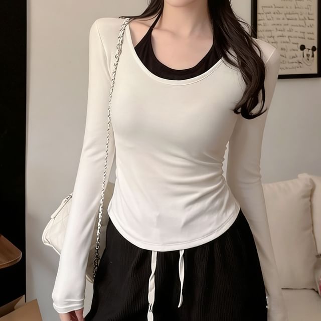 Two Tone Padded Crop Top with Halter Neck